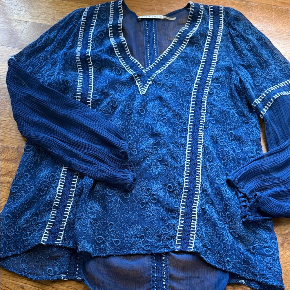 Alice + Olivia Navy Blue Embroidered V-Neck Blouse